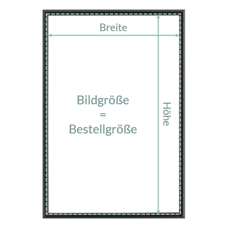 Ein rechteckiger Holzrahmen mit Maßangaben für Breite und Höhe der Bestellgröße.