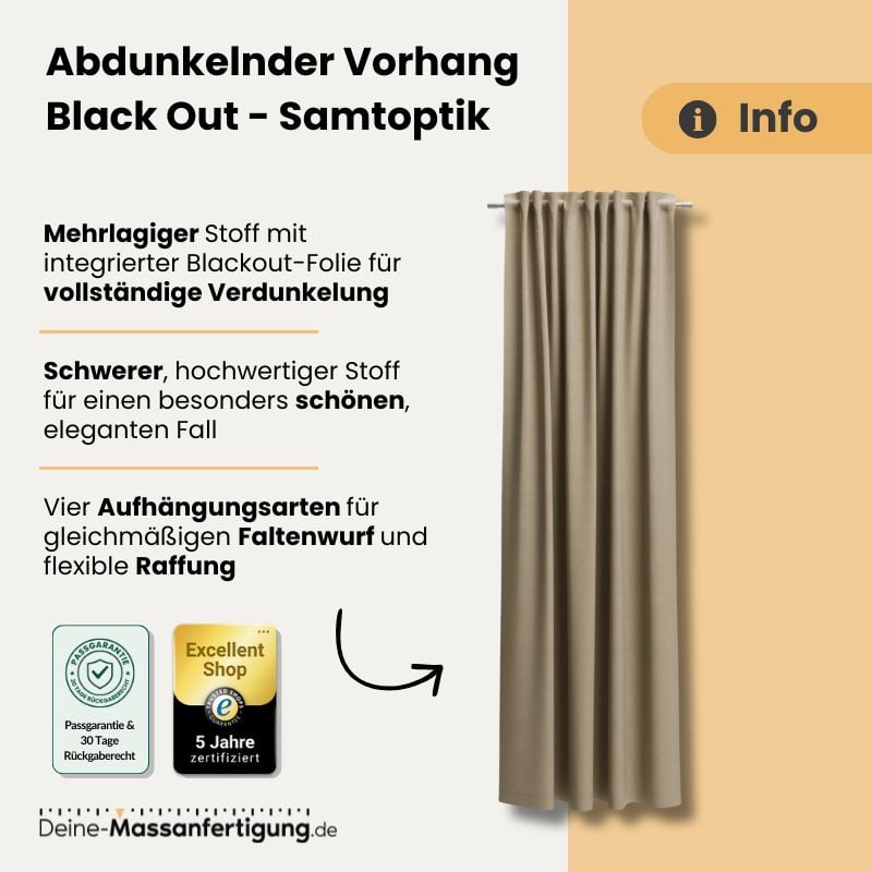 Beiger abdunkelnder Blackout-Vorhang in Samtoptik, schwerer mehrlagiger Stoff mit integrierter Blackout-Folie