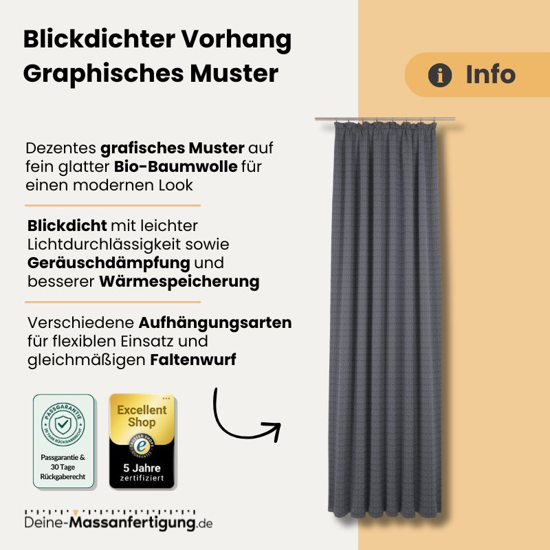 Blickdichter anthrazitfarbener Vorhang aus Bio‑Baumwolle mit feinem grafischem Muster