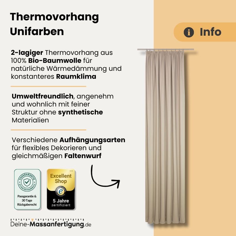 Beiger, 2‑lagiger Thermovorhang aus 100% Bio‑Baumwolle, wärmedämmend, mit flexiblen Aufhängungsarten.