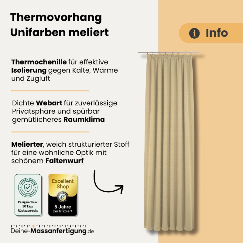 Unifarbener, melierter Thermovorhang aus Thermo-Chenille mit dichter Webart und Faltenwurf, beige.