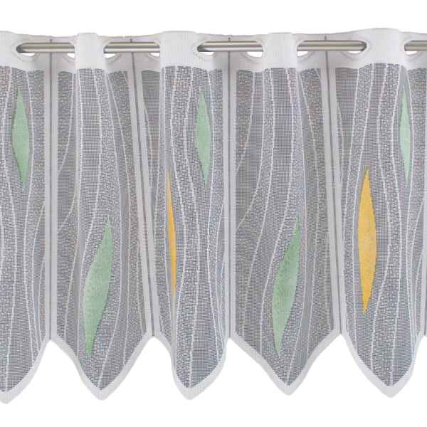 square-schiebegardine-fliessende-akzente-gruen-apricot Scheibengardine in Grau mit fließenden Akzenten in Grün und Apricot, dekorativ und lichtdurchlässig.