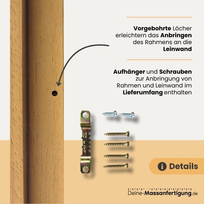 Holzfarbenem Schattenfugenrahmen mit vorgebohrten Löchern, Metallaufhänger und Schrauben.