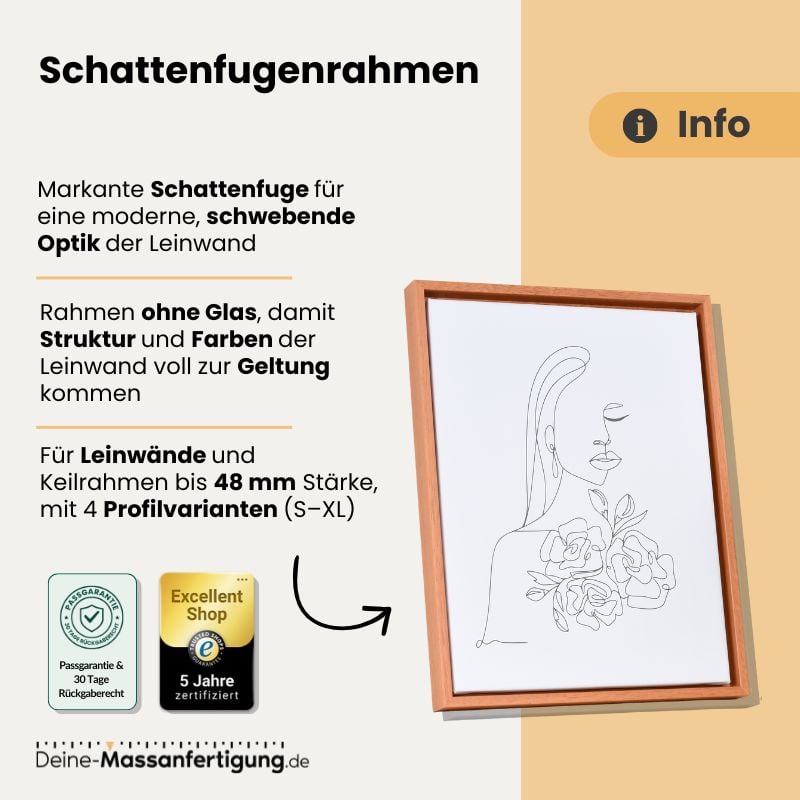 Naturbrauner Holz‑Schattenfugenrahmen, 48 mm Tiefe, ohne Glas, geeignet für Leinwand