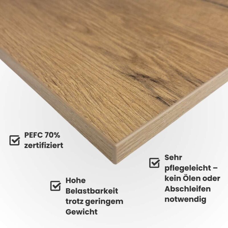 Arbeitsplatte aus Holz mit PEFC 70% Zertifizierung, langlebig, pflegeleicht ohne ölen oder Abschleifen.