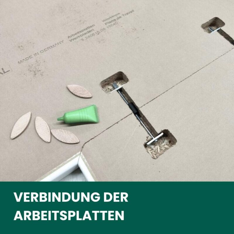 Verbindung von Arbeitsplatten mit Metallclips und Klebstoff, Montagezubehör.