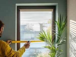 Eine Person misst mit einem Zollstock die Breite eines Fensters mit Jalousien, daneben steht eine grüne Pflanze.