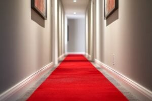 Ein roter Teppich verläuft durch einen hellen Flur mit Bildern an den Wänden.