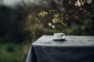 Ein grauer Tisch mit einer Tasse auf einem Unterteller, umgeben von blühenden Zweigen und Regentropfen.