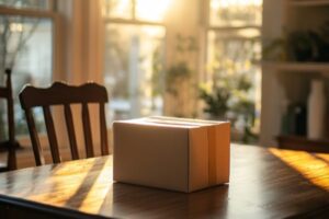 Braune, quadratische Verpackung auf einem Tisch, beleuchtet von Sonnenlicht durch ein Fenster.
