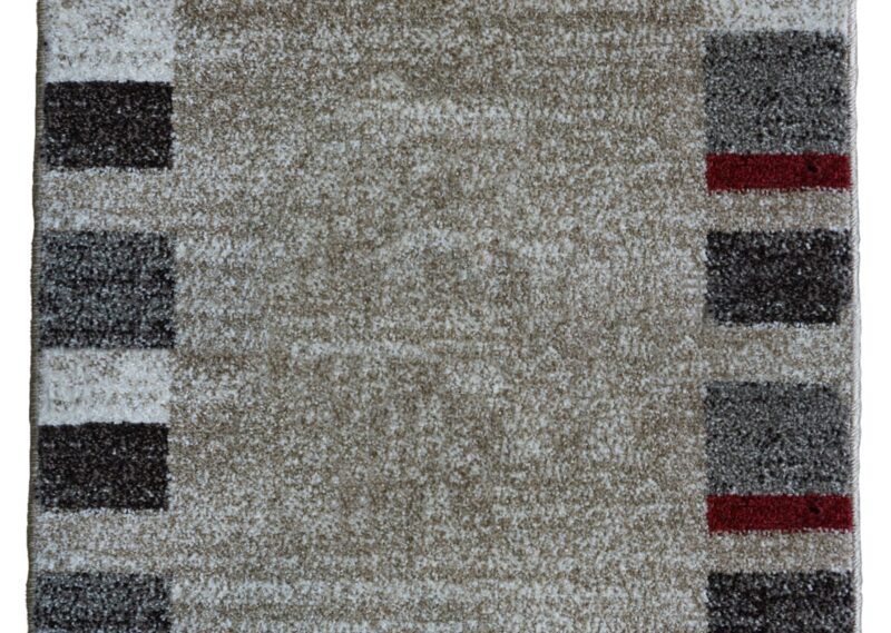 Beiger Teppichläufer mit gestreiftem Muster in Schwarz, Grau und Rot, weich und strapazierfähig. Ideal für Flure.