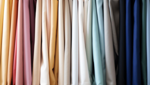 Bunte Vorhänge in sanften Farben wie Gelb, Rosa, Beige und Blau, aus leichtem Stoff, hängend nebeneinander.