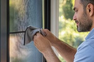Ein Mann reinigt mit einem Mikrofasertuch ein Insektenschutzgitter an einem Fenster.