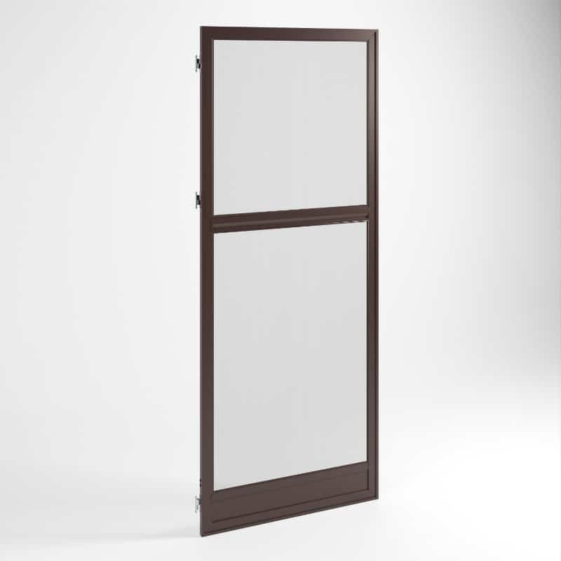 Braune Insektenschutz-Drehtür aus Aluminium mit transparentem Netz, ideal für Fenster und Türen.