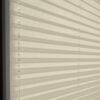 Blickdichtes Plissee in Beige, mit strukturierten Falten und transparenten Schnüren für optimale Lichtregulierung.