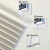 Plissee in hellem Beige mit verschiedenen Montageoptionen: Bohren, Kleben, Klemmen. Ideal für Fensterdekoration.