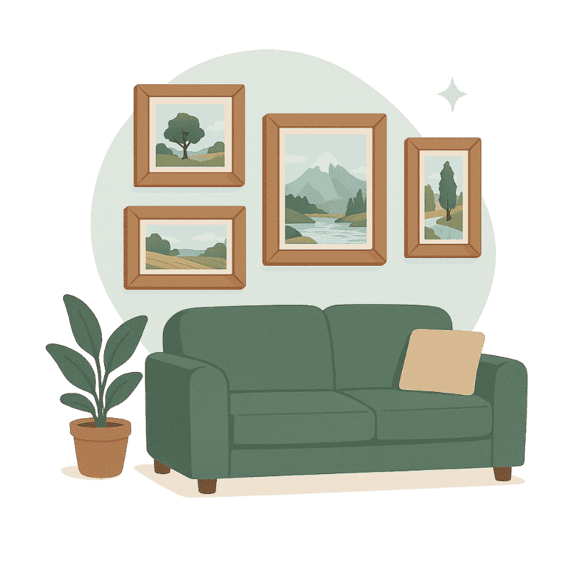Illustration eines grünen Sofas mit Kissen, umgeben von gerahmten Landschaftsbildern und einer Topfpflanze.