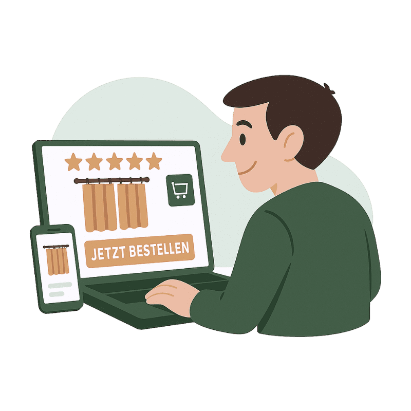 Eine Person bestellt Gardinen online, sieht Bewertungen und klickt auf "Jetzt bestellen".