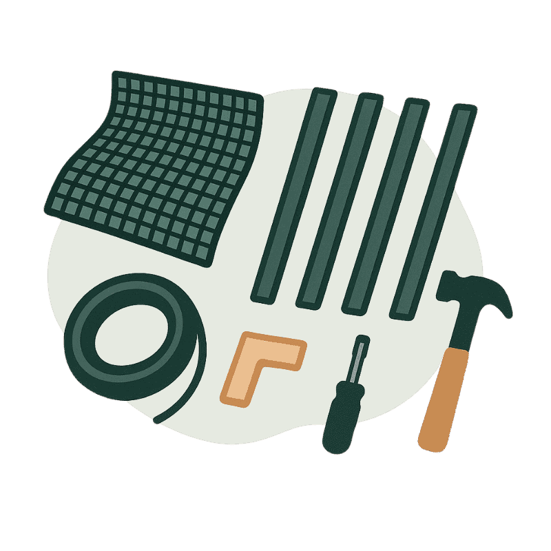 Illustration von Werkzeugen und Materialien für die Herstellung von Insektenschutz, einschließlich Netz, Stangen, Hammer und Schraubenzieher.