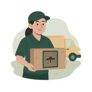 Lieferung eines Insektenschutzpakets, im Hintergrund ein Lieferwagen