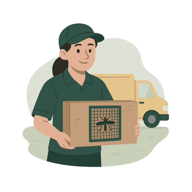 Lieferung eines Insektenschutzpakets durch eine Person in Uniform, mit einem Lieferwagen im Hintergrund.