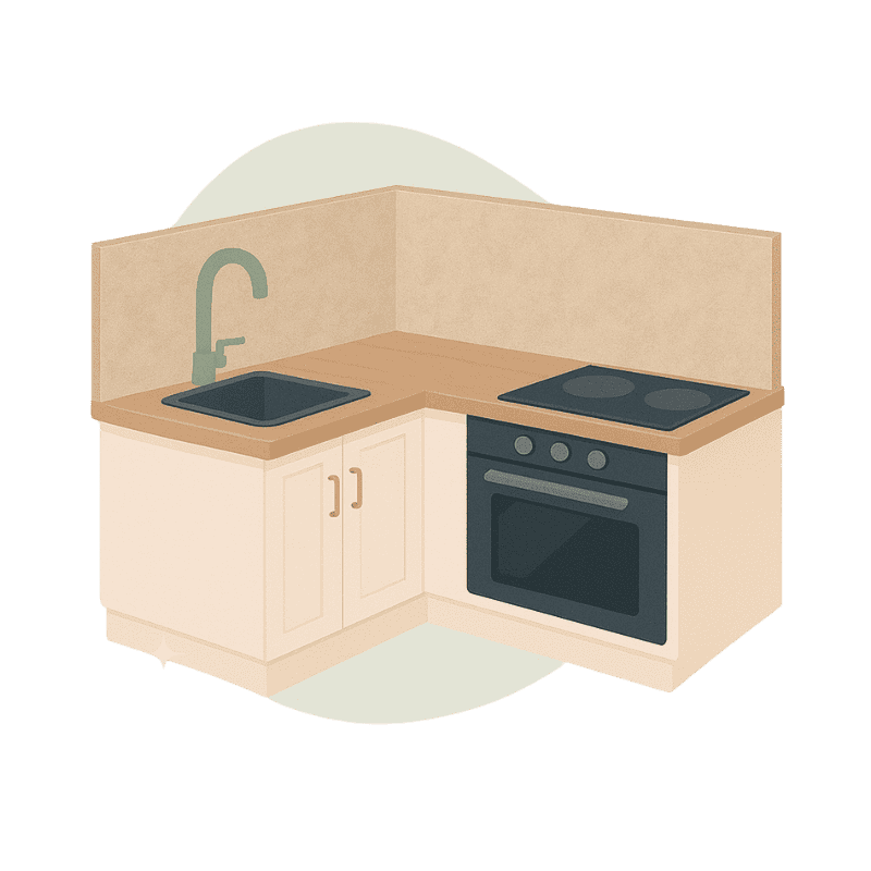 Illustration einer Küchenzeile mit Spüle, Kochfeld und Backofen in neutralen Farben.