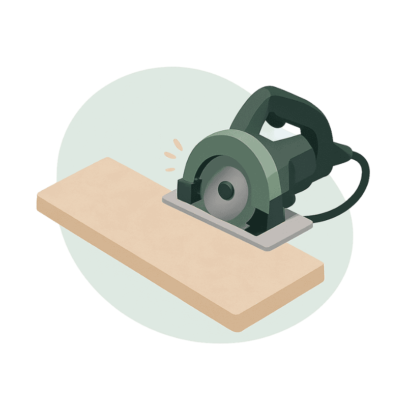 Illustration einer Kreissäge, die ein Holzbrett schneidet, mit Fokus auf die Säge und das Material.