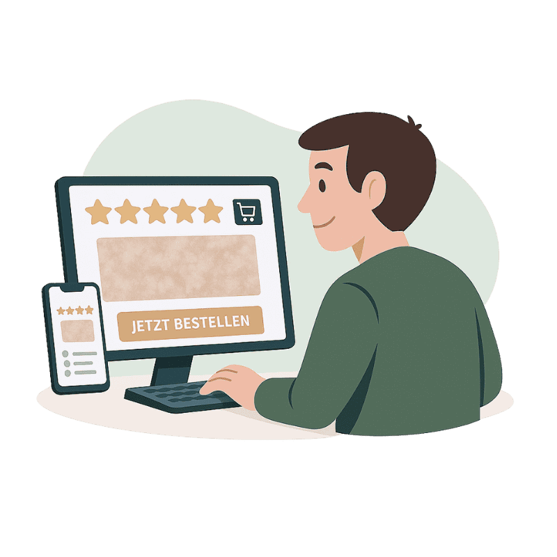 Illustration eines Mannes, der am Computer eine Küchenrückwand konfiguriert und bestellt.
