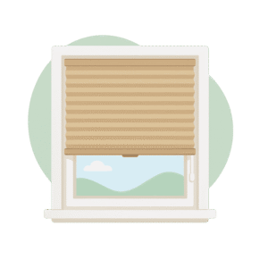 Illustration eines Fensters mit beigen Plissees und Ausblick auf sanfte Hügel