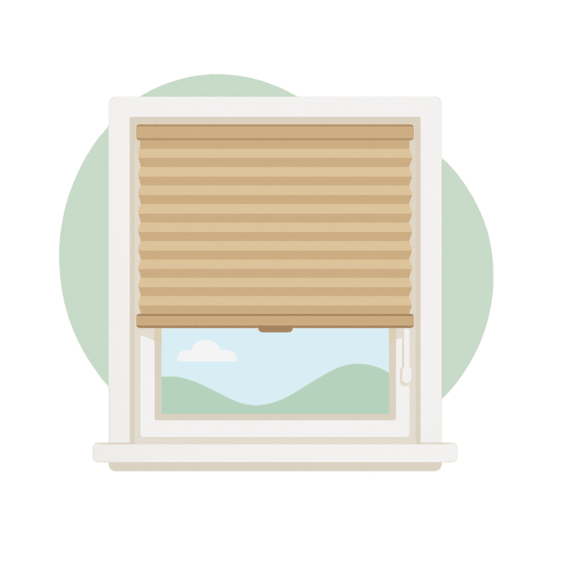 Illustration eines Fensters mit beigen Plissees, die teilweise heruntergelassen sind, und einem Ausblick auf sanfte Hügel.