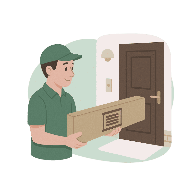 Lieferdienst bringt ein Paket zu einer Haustür, Person trägt grüne Kleidung und hält einen Karton.