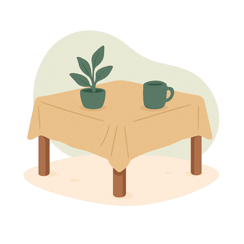 Illustration eines Tisches mit brauner Tischdecke, einer Pflanze und einer Tasse.