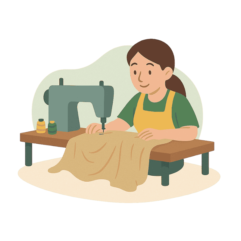 Eine Frau näht eine beige Tischdecke an einer Nähmaschine auf einem Tisch.