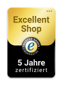 Auszeichnungssiegel "Excellent Shop" von Trusted Shops, 5 Jahre zertifiziert, goldene und schwarze Farbgestaltung.