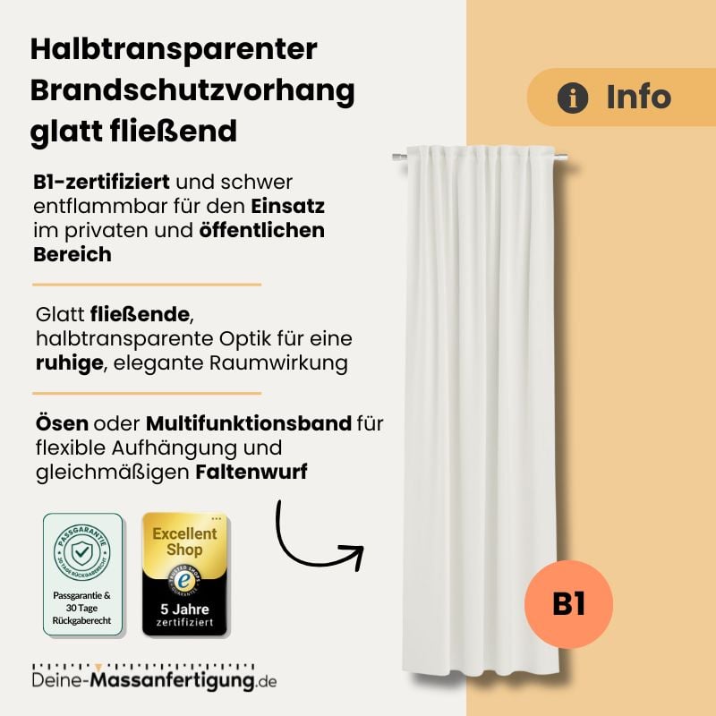 Halbtransparenter cremefarbener B1-Brandschutzvorhang mit glatt fließenden Falten