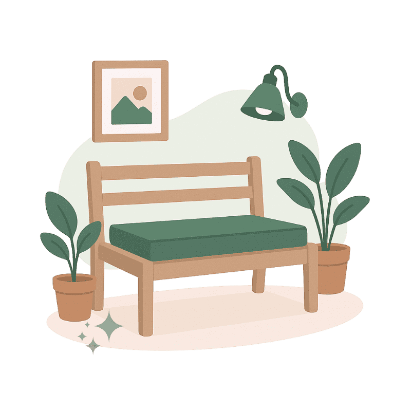 Illustration eines gemütlichen Wohnzimmers mit einem grünen Schaumstoff-Sitzbank, Pflanzen und Wandbildern