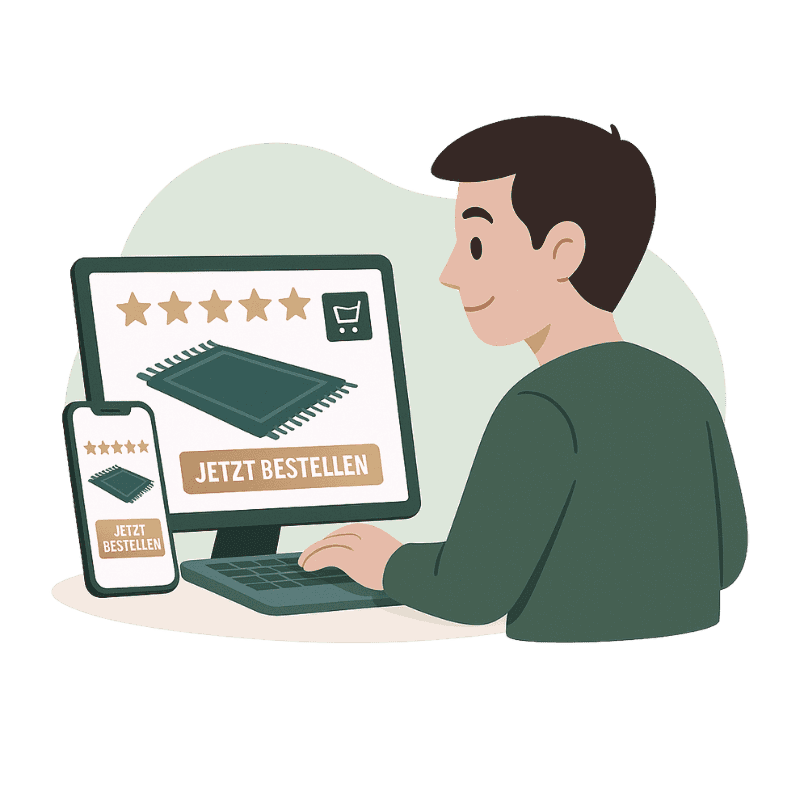 Illustration eines Mannes beim Online-Bestellprozess für einen Teppich, Bildschirm zeigt Produktbild und Bestellbutton.
