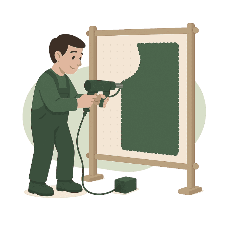Illustration des Herstellungsprozesses eines Teppichs, mit einem Mann, der einen Teppich anfertigt.