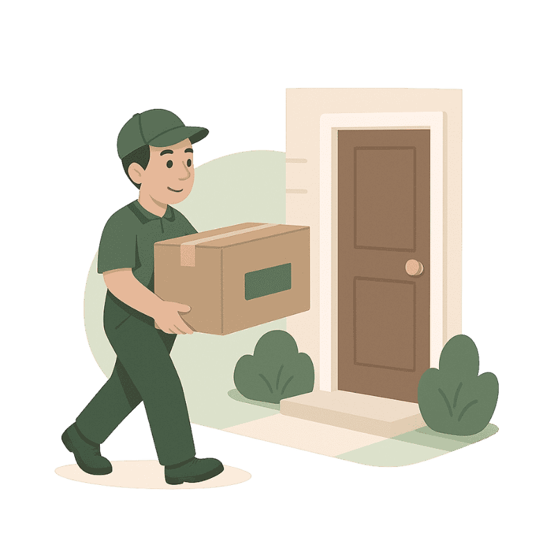 Lieferant trägt Paket zur Tür, um den Bestellprozess abzuschließen.