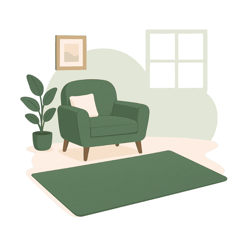 Illustration eines grünen Teppichs im Wohnzimmer mit Sessel, Pflanze, Fenster und Wandbild