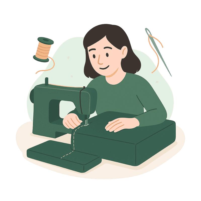 Illustration eines Menschen beim Polsterherstellungsprozess mit Nähmaschine, Stoffen und Nähzubehör.