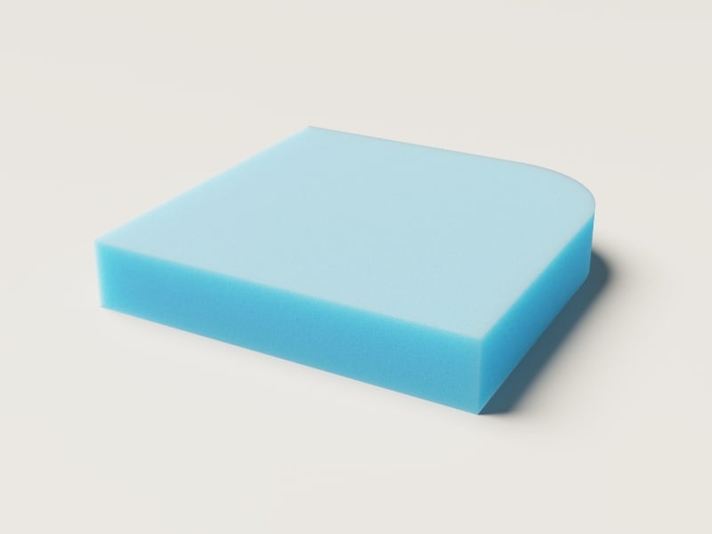 Schaumstoffzuschnitt in Blau mit abgerundeter Ecke, rechteckige Form