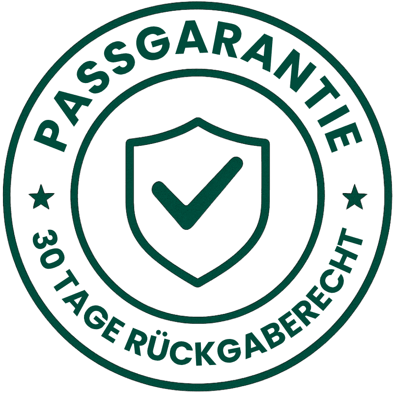 Siegel mit Passgarantie und 30 Tage Rückgaberecht, transparentes Design in Grün.
