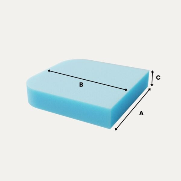 Schaumstoffzuschnitt in Rechteckform mit zwei abgerundeten Ecken, blaue Farbe, mit Beschriftung.