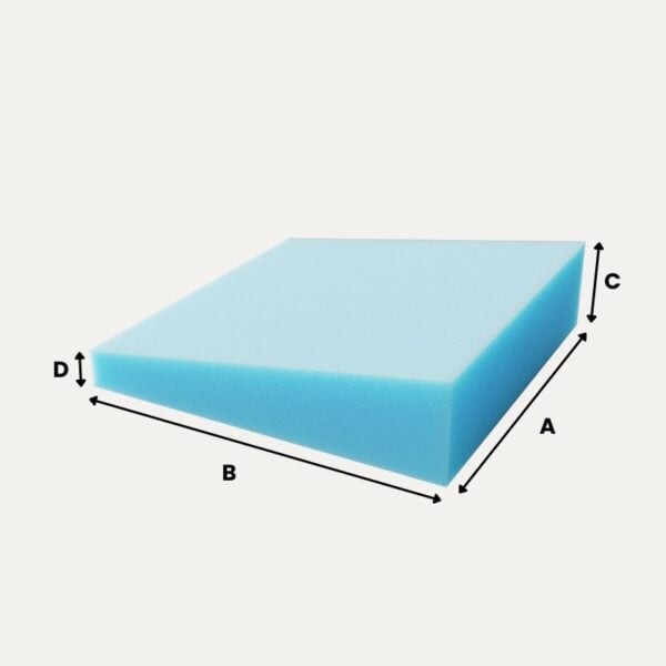 Schaumstoffzuschnitt in Keilform mit Beschriftung, hellblau, Maße A, B, C, und D sichtbar