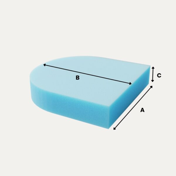 Schaumstoffzuschnitt in Rechteck- und Halbkreisform mit Beschriftung, blaue Farbe, Maße A, B, C.