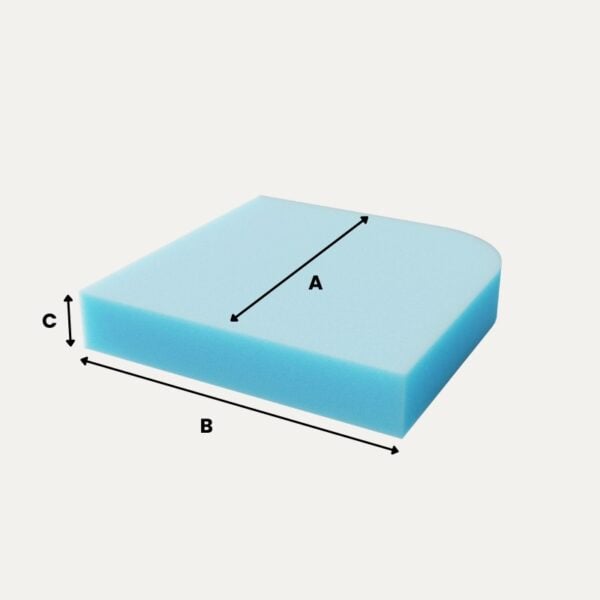 Schaumstoffzuschnitt in rechteckiger Form mit abgerundeten Ecken, blaue Farbe, mit Beschriftung.