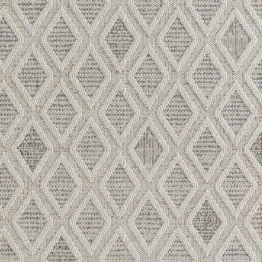 Geometrischer Teppich mit cremefarbenem, grafischem Diamantmuster aus Textilmaterial.