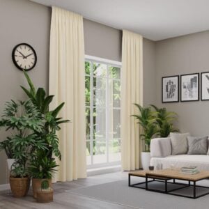 Hellbeige Samtoptik-Vorhänge mit Kräuselband, blickdicht, für Wohnzimmer.