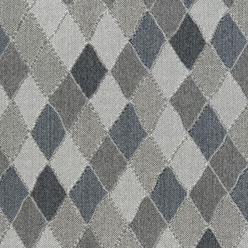 Grafischer Teppich mit blaugrauen, diamantförmigen Mustern in verschiedenen Grautönen